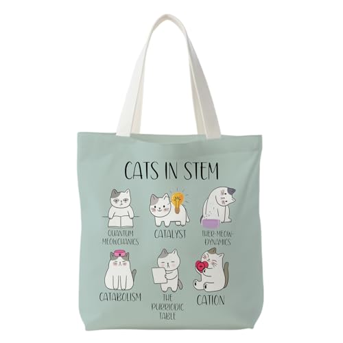 NATSUNO Sacola engraçada de lona para gatos, presentes de ciência para mulheres, presentes para amantes de ciências, presentes para professores de química, gatos em lona STEM para mulheres, sacolas