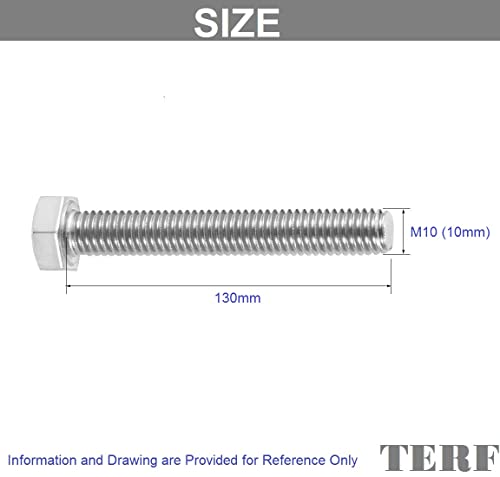 TERF® M10 X 130mm Hex Bolts Fully Threaded Set Screw M10 (10mm) X 130mm Hex Head Cap Hexagonal Bolts - Pack of 5 - Image 3