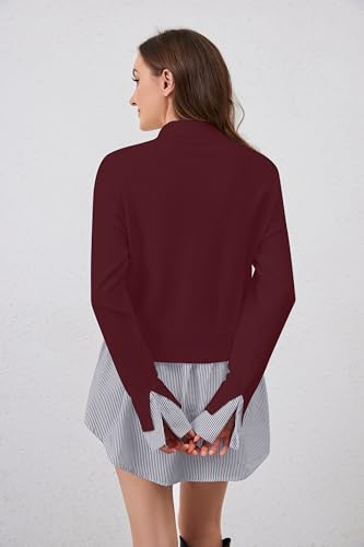 Image of MISSACTIVER Women Slit Turtleneck Patchwork Sweater 2 in 1 Buttons Down Pullover Knit Sweater Asymmetrical Hem Shirt Top