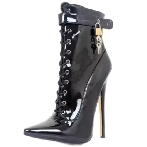 SKLKHO 18cm High Heel Boots, Pointed Toe Patent Leather Lace-Up with Lockable Strap, for Fetish, Gothic, Parties, Y2K, Nightlife,Black,13