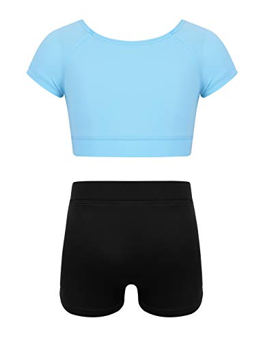 iiniim Kids Girls Two Piece Dance Crop Bra Top with Shorts Gymmnastics Active Workout Sports Swimming Outfit Set (Short Sleeve Light Blue, 6)