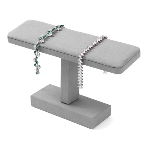 Microfiber T-bar Bracelet Watch Stand Jewelry Bracelet Watch Holder Necklace Bangle Organizer Holder Jewelry Stand,Solid Wood Interior(Grey)