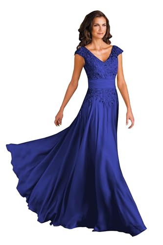Women's Lace Applique Mother of The Bride Dresses for Wedding V-Neck Long Formal Evening Gowns
