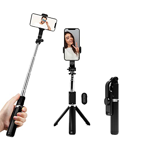 TalkWorks Selfie Stick, Remote & Tripod Set Compatible w/iPhone 15/15 Pro/15 Pro Max, 14/14 Plus/14 Pro/14 Pro Max, 13/13 Mini/Pro/Max for Streaming, Travel Photos-Wireless Cell Phone Stand (Black)