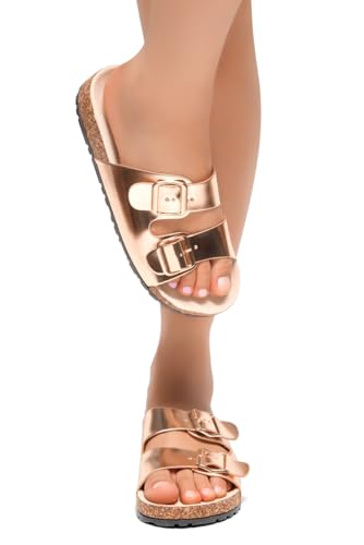Image of Herstyle Womens Cork Footbed Slides for Women, Double Strap Flat Sandals, Adjustable Buckle Comfort Slip On Shoes, Summer Beach Casual Walking Slippers