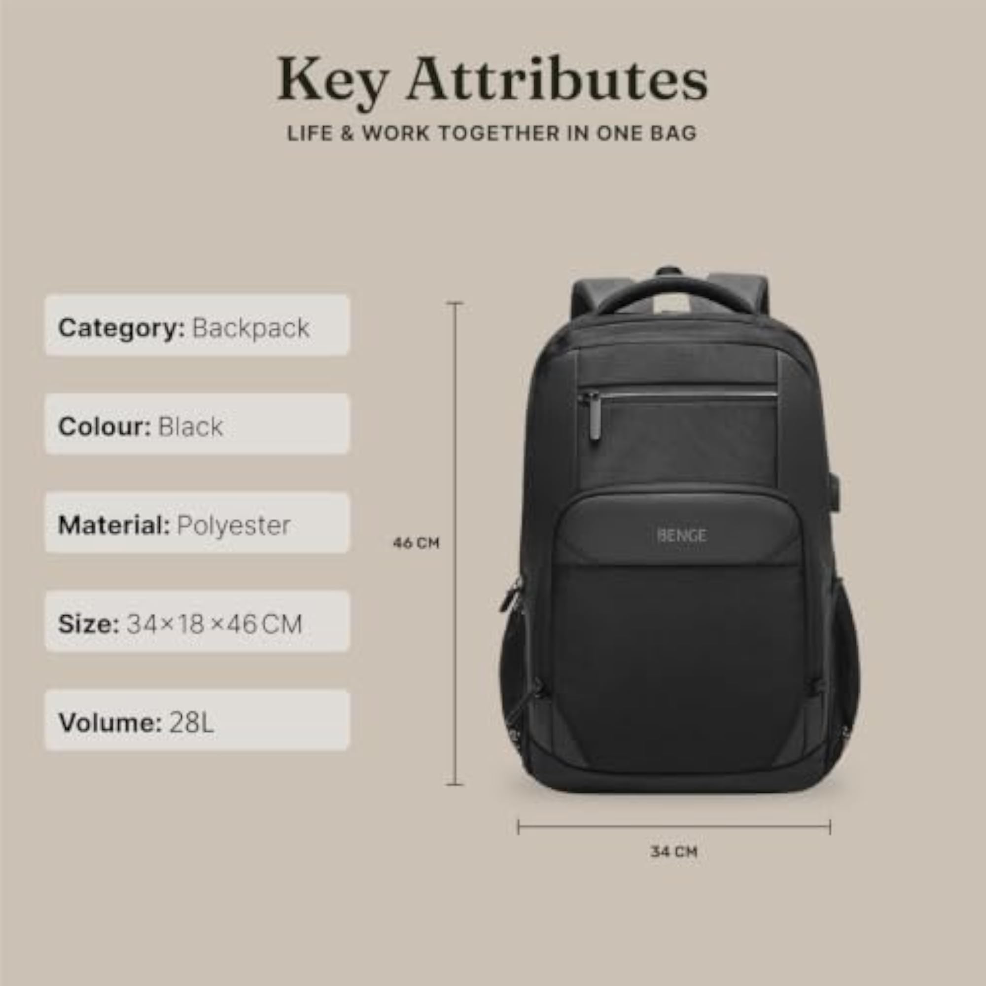 28L Water Resistant Laptop Backpack for Men & Women