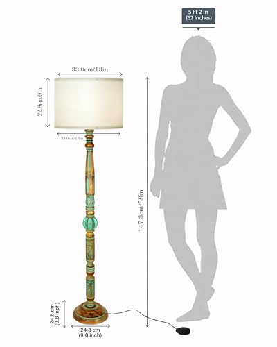 Image of Homesake Royal Carving Antique Algae Finish Wooden Floor Lamp for Living Room | Light Decor for Home Corner Lamp for Living Room Bedroom Floor Lamp, Antique Standing Lamp, KD Off-White Drum Shade