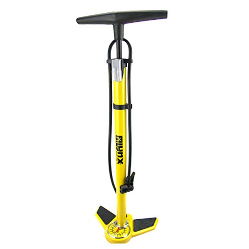 Bomba de pie de acero P4B para neumáticos de bicicleta, pelotas, colchones de aire, ancha y estable, pie de plástico en color amarillo