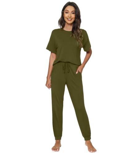 WiWi Women's Short Sleeve Tracksuit Set Viscose from Bamboo Loungewear 2 Piece Outfit Long Pants...