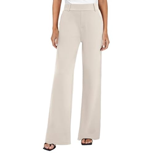 FireSwan Women's Wide Leg Dress Pants High Waisted Stretchy Work Trousers Business Casual Office Pull on Slacks with Pockets Khaki X-Large