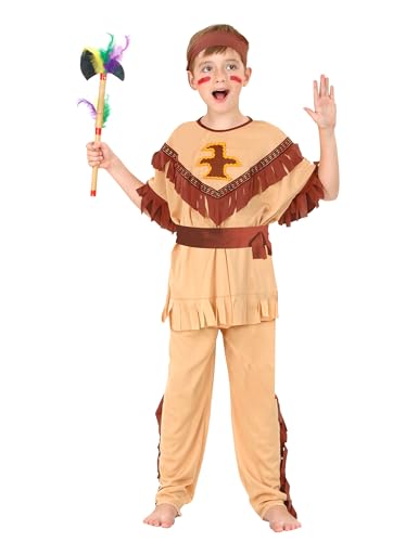 DEGUISE TOI - Déguisement indien pour garçon - Tunique - Pantalon - Ceinture cordelette - Bandeau (sans plume) - M 7-9 ans (120-130 cm) - Marron - Déguisements enfants - 100% Polyester - A la