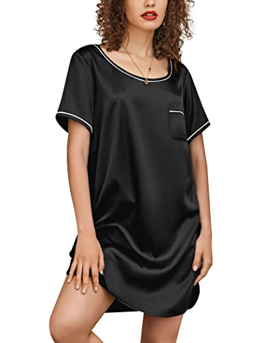 Eshion Women's Silk Nightgown Loose Sleep Dress Satin Scoop Neck Short Sleeve Nightshirts Satin Sleep Dress For Shower Black Large #TOP6