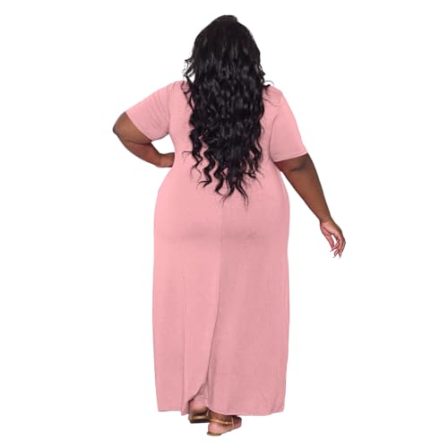 Image of TOPSRANI Womens Plus Size Maxi Dresses for Women Oversize Casual Short Sleeve V Neck Loose Plain Solid Trendy Summer Dress