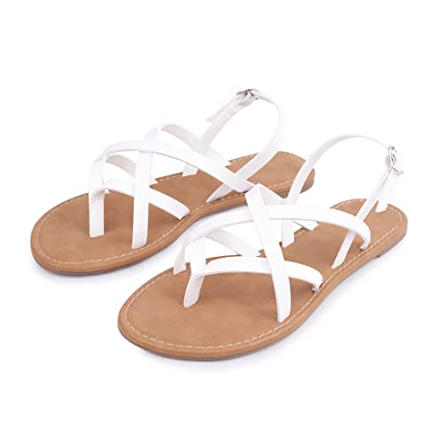 Women's Gladiator Flat Sandals Fisherman Strappy Sandals Ankle Strap Sandals (White, 9) #TOP3