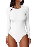 ANRABESS Women Long Sleeve Crew Neck Bodysuits Top 2025 Fall Slim Fit Ribbed Knit Soft Basic Tee Shirts White Medium