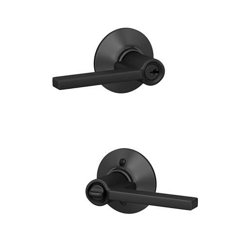 Image of SCHLAGE Latitude Keyed Entry Door Handle, Reversible, Matte Black | Keyed entry lever door handle with turn-button lock, Easy to install, Certified security & durability, Universal fit, 2 keys