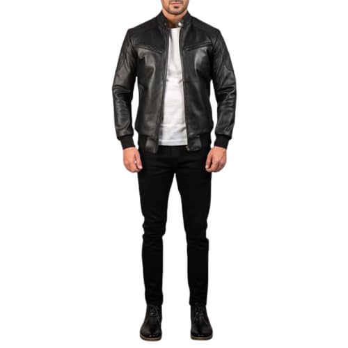 Classic Black Leather Bomber Jacket, Zip Front, Stand Collar, Ribbed Trim, Casual Style, Motorcycle Streetwear