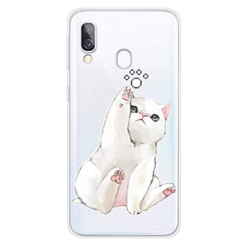 Herbests Coque Samsung Galaxy A40 Antichoc Transparente Coque avec Motif Fleur Ultra Slim Souple Silicone Étui Protection Bumper Housse Clair Doux TPU Gel Case Cover,Chat Blanc Cover