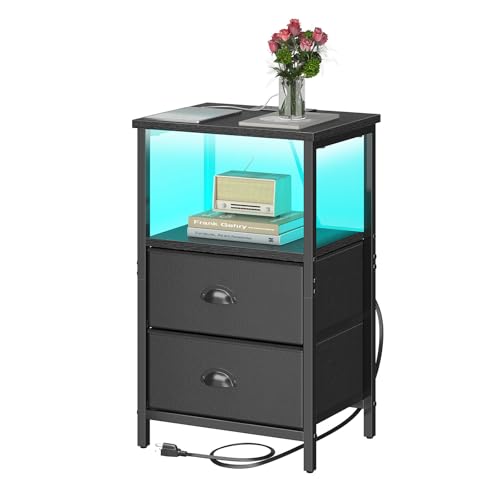 Image of sthmec Nightstand with Charging Station, Night Stand with 2 Fabric Drawers PU Finish, Bedside Table End Table with LED Light, 3-Tier Storage Side Table Nightstand with Drawers for Bedroom,Black