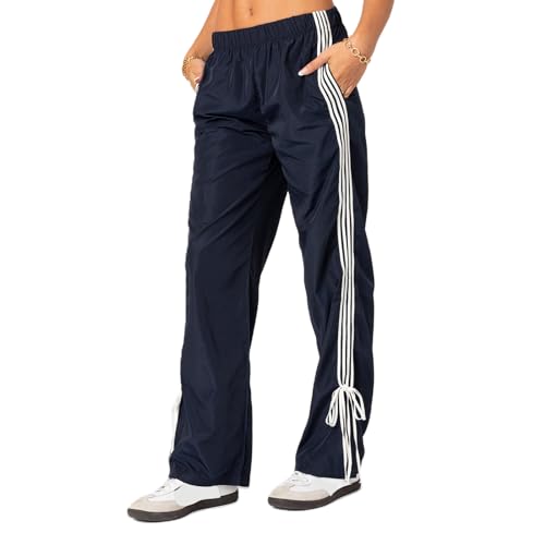Aopwsrlyi Women Wide Leg Track Pants Y2K Parachute Pants Elastic Low Rise Side Striped Sweatpants with Pockets (Navy Blue, S)