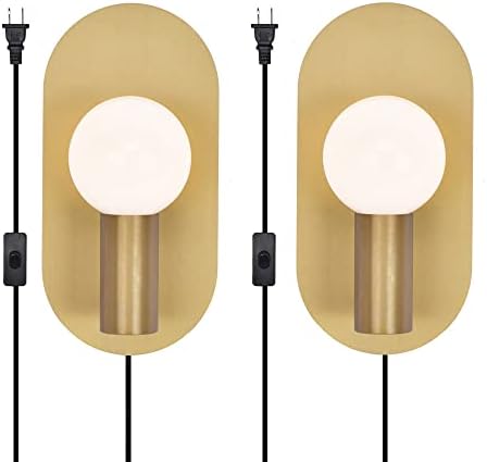 YEEZEMA Modern Wall Sconce Set of 2 Gold Mid-Century Plug in Sconces Wall Lighting Cord with On Off Switch Brushed Stainless Steel Wall Mounted Lighting Fixture for Bedroom Living Room