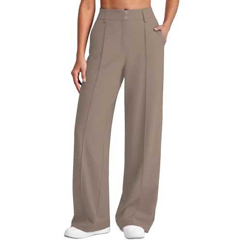 Womens Dress Work Pants Business Casual Office Pull on Trousers High Waist Wide Leg Stretchy Slacks with Pockets Coffee X-Large