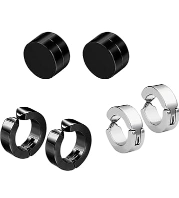 Black Silver Non Piercing Dumbbell Bali Combo For Men Women (3 Sets) Stainless Steel Clip-on Earring, Huggie Magnetic Stud Earring Set-image-9