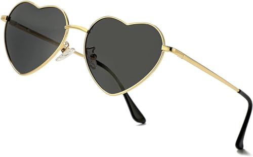 WONAVEHY Lentes de sol em forma de coração para mulher, lindos óculos de sol de metal dourado, em forma de coração, para festivais rave, preto, Preto
