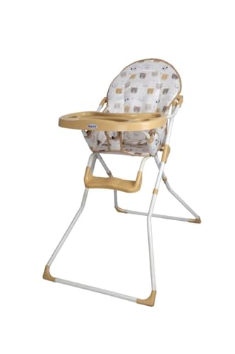 Image of MLU Foldable Baby High Chair, Bear Print Pattern, Beige and White, Adjustable Feeding Tray