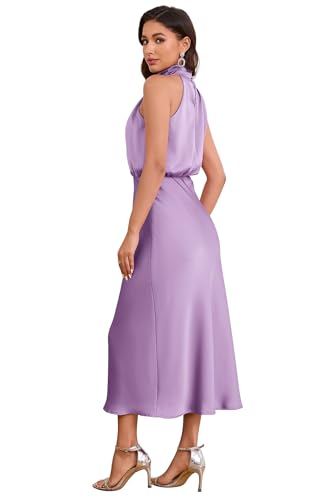 Image of Women's Satin Maxi Dress Summer Formal Wedding Guest Cocktail Dress | Mock Neck Sleeveless,Elegant Silk Midi Long Dress,High Neck,Halter,Aline,Bridesmaid,Bridal Shower Guest,Garden Party,Dinner