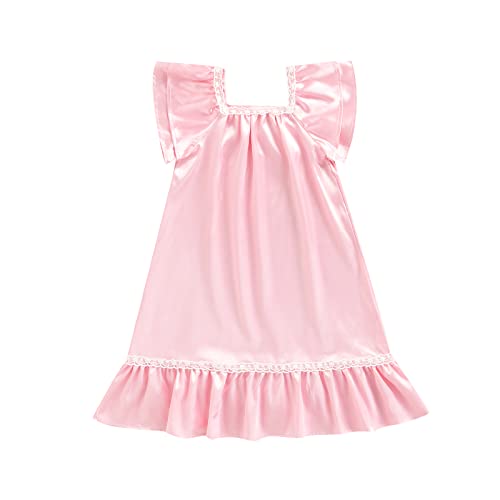 Baby Girls Silk Nightgowns Pajamas Dresses Short Sleeve Square Neck Ruffled Satin Princess Nightdress Girls Sleepwear