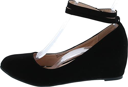 Chase & Chloe Womens Bobby-12 Round Toe Med Low Heel Wedge Pump,Black Nubuck,8.52