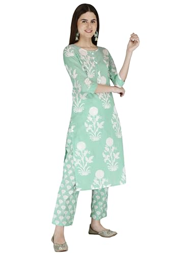 Women's Cotton Printed Kurta Set - Elegant Green Floral Print with 3/4th Sleeves, Festive Wear.3