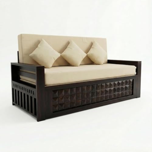 Image of SONA ART & CRAFTS Diamond Sheesham Wood Sofa Cum Bed 3 Seater with Storage and Side Pockets for Living Room Organizer Furniture Sofa Bed Home, Bedroom (Walnut Finish)