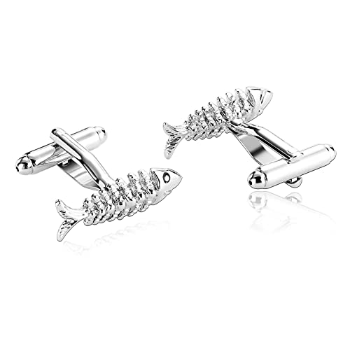 BCughia Bouton de Manchette Homme, Cadeau St Valentin Homme Argent Acier Inoxydable Conception en Arête de Poisson Saint Valentin 9x23mm