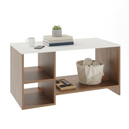 Image of FURNEASER Modern Engineered Wood Coffee Table with Open Storage Shelves | Wooden Center Table for Living Room, Sofa Area & Lounge | Multipurpose Tea Table with Storage (TLP - Exotic Teak & White)