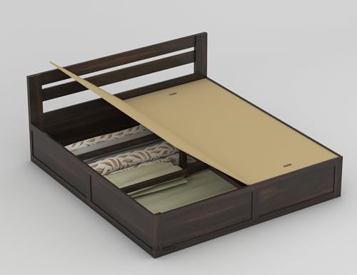 Image of Sheesham Wood Queen Size Bed with Storage | Solid Wood Box Storage Bed | Wooden Double Bed Cot with Storage Box for Bedroom & Hotel | Walnut | Recommended Mattress | Size: 78 X 60 Inch