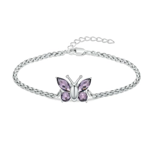 Cadeau commémoratif femme, bracelet urne funéraire papillon argent et violet
