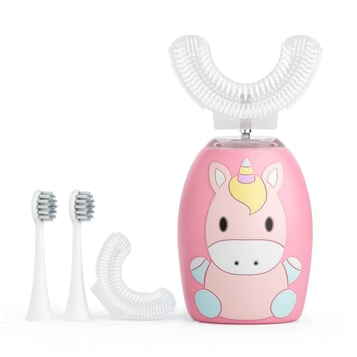 Spazzolino da denti elettrico a forma di U, a 360 gradi, ad ultrasuoni, automatico, con 4 testine morbide, timer, 2 modalità, impermeabilità IPX7 (rosa)