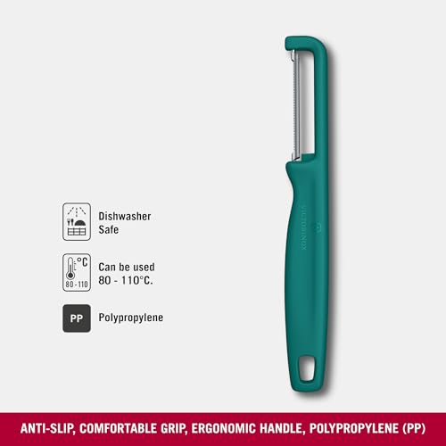Image of Victorinox Swiss Made Stainless Steel Swiss Classic Double-Edge Iota Serrated Peeler for Professional and Household Kitchen, Green, Soft Skin Fruit & Vegetable Peeler | 6.0943.4
