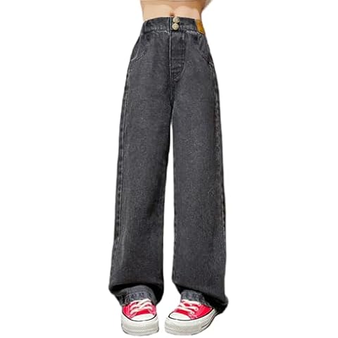 Milokado Kids Girls Baggy Jeans Casual Wide Leg High Waist Denim Pants Size 5-14 Years(Black,12-14) Cover