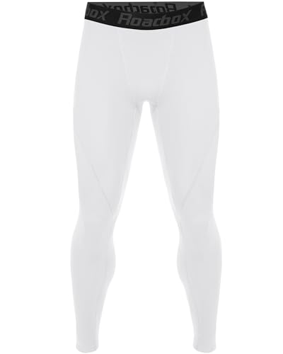 Roadbox Mens Compression Pants Running Tights Performance Sports Workout Leggings Athletic Base Layer for Gym Basketball White