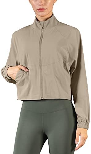 Vsaiddt UPF 50+ Workout Running Jackets for Women Long Sleeve Sun Protection Lightweight Cropped Athletic Zip Up Jacket (M, Tan)