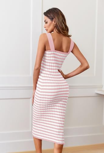 Image of MEROKEETY Womens Summer Striped Bodycon Midi Dress 2026 Beach Vacation Sleeveless Tank Ribbed Knit Baby Shower Sweater Dress