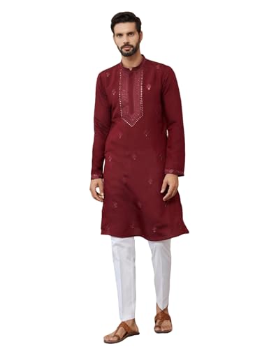 Image of See Designs Men's Long Sleeve Mandarin Collar Side Slit Off-White Embroidered Chanderi Silk Straight Kurta