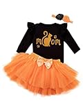 Alvivi 3Pcs Primer Disfraz de Halloween para Bebé Niña Romper y Falda Tutú de Naranja con Lazo y Cinta para la Cabeza Vestido de Calabaza Bruja Acción Gracias Negro Naranja 12-18 Meses