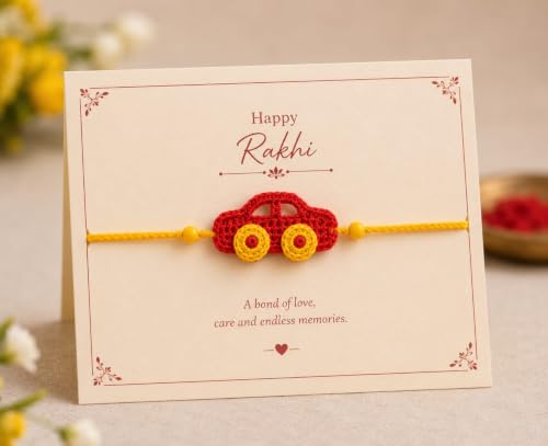 Image of Handmade Crochet Car Rakhi for Kids, Red and Yellow, Soft Knitted Thread with Beads, Raksha Bandhan