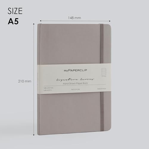 Image of myPAPERCLIP Signature Series A5 Ruled Notebook | 192 Pages, 90 GSM Recycled Paper, Soft Cover, A5 (5.83 x 8.27 in) | Flat Lay | Bookmark & Elastic Closure | Grigio