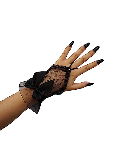 OYOANGLE Womens Floral Lace Bow Front Short Wrist Cuff Wedding Wrist Length Bridal Prom Gloves Black Mesh One Size