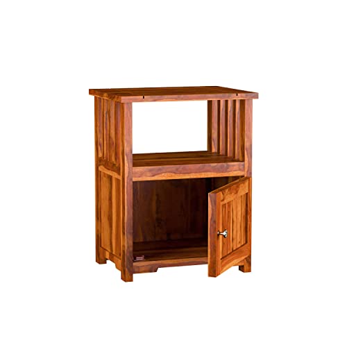 Image of Sheesham Wood Bedside End Table for Bedroom | Solid Wood Sofa Side Table Nightstand with 1 Door Cabinet & 1 Shelf Storage for Home & Living Room | Rosewood, Honey Natural